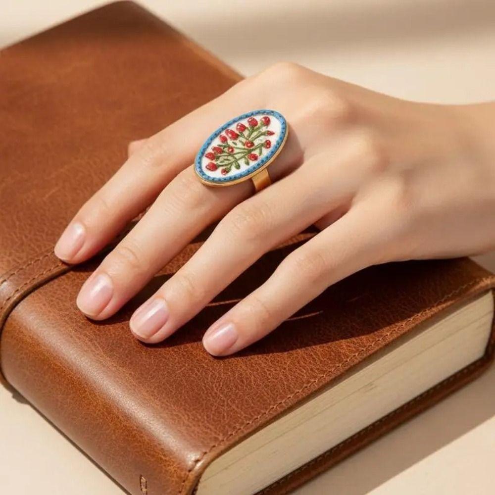 Ethnic Style Enamel Flower Ring French Glazed Ring Luxury Vintage Ring Women