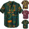 Summer Men Color Block Ethnic Geometry Print Short Sleeve Buttons Pullover Shirt