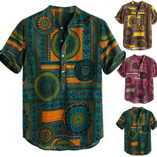 Summer Men Color Block Ethnic Geometry Print Short Sleeve Buttons Pullover Shirt