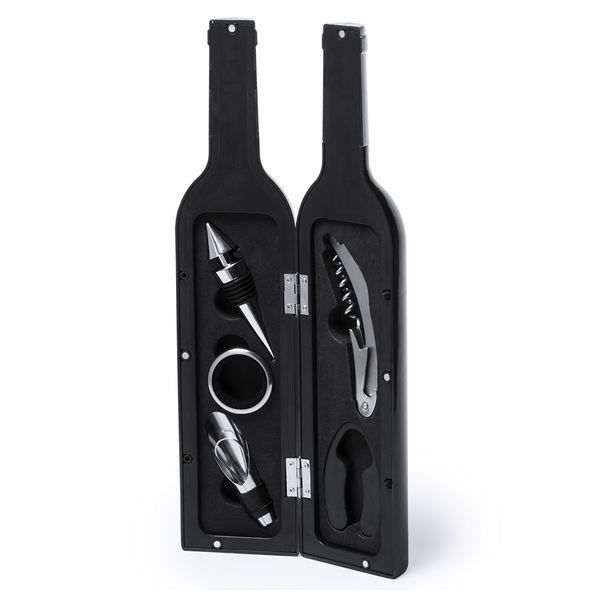 Coffret Accessoire Vin en forme de Bouteille de Vin noir Aimantée : Tire Bouchon, Bec verseur, Bague anti gouttes et Bouchon