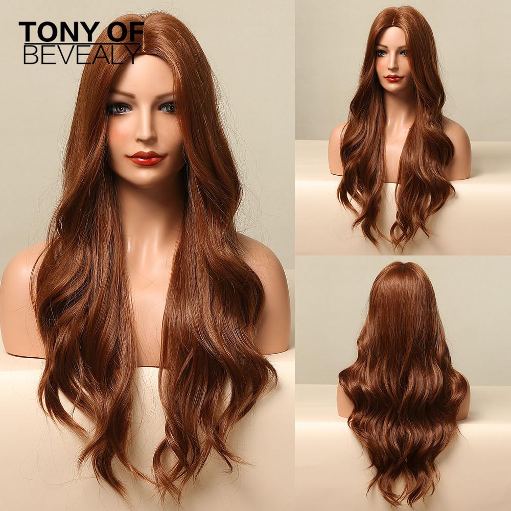 HAIRCUBE White Platinum Mixed Brown Synthetic Wigs Long Wavy Natural Hair Wigs for Women Middle Part Daily Heat Resistant Wigs