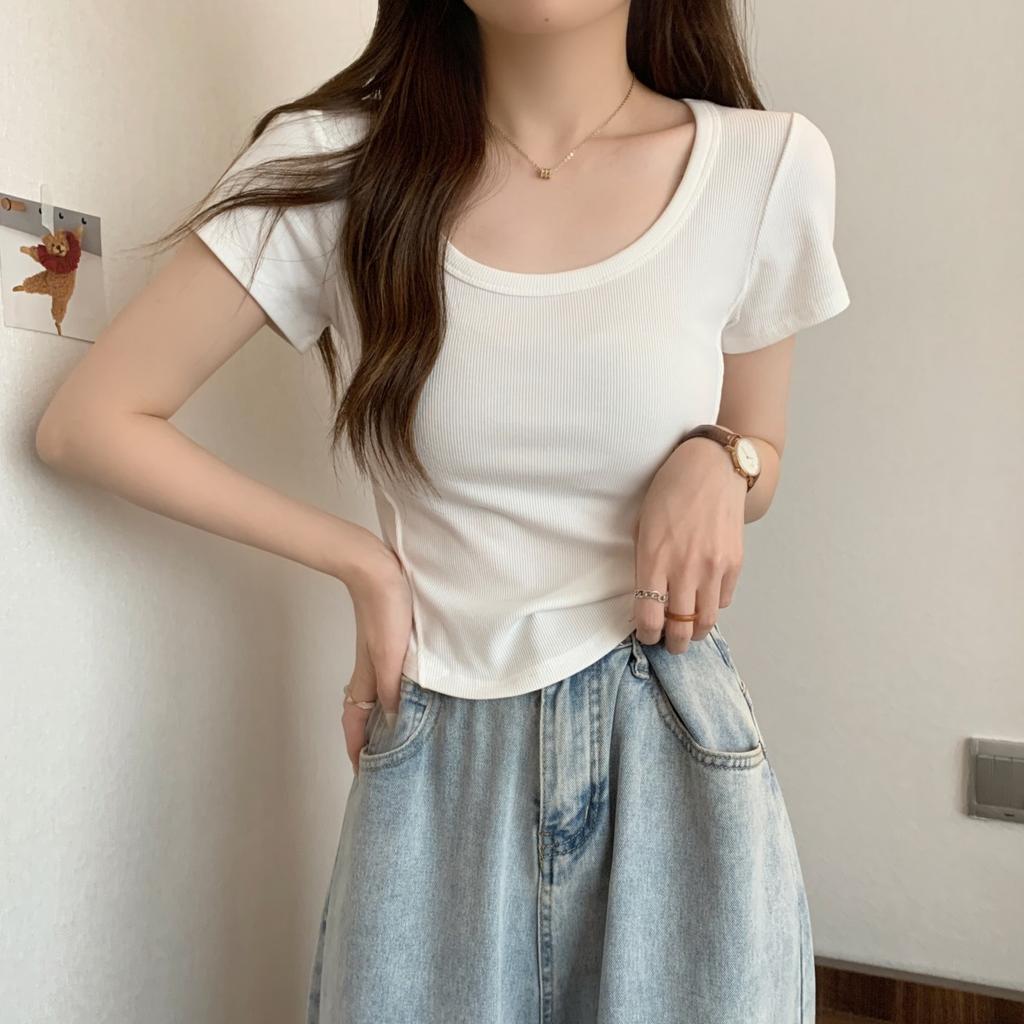 Irregular u-neck short-sleeved t-shirt women's new Korean version slim-fitting high-waisted and thin short student solid-color top trendy