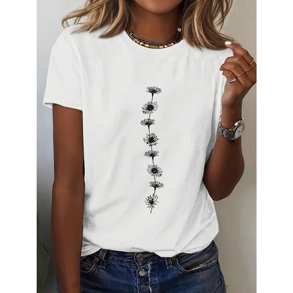 Summer Round Neck Simple Flower Pattern 3D Print Top Fashionable Casual Short Sleeved Women's T-shirts