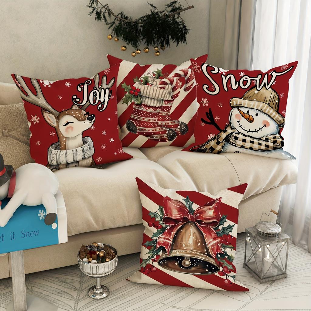 Christmas Decoration Pillowcase Fawn Snowman Bell Socks Christmas Stick Pattern Suitable for Home Room Sofa Cushion Cover