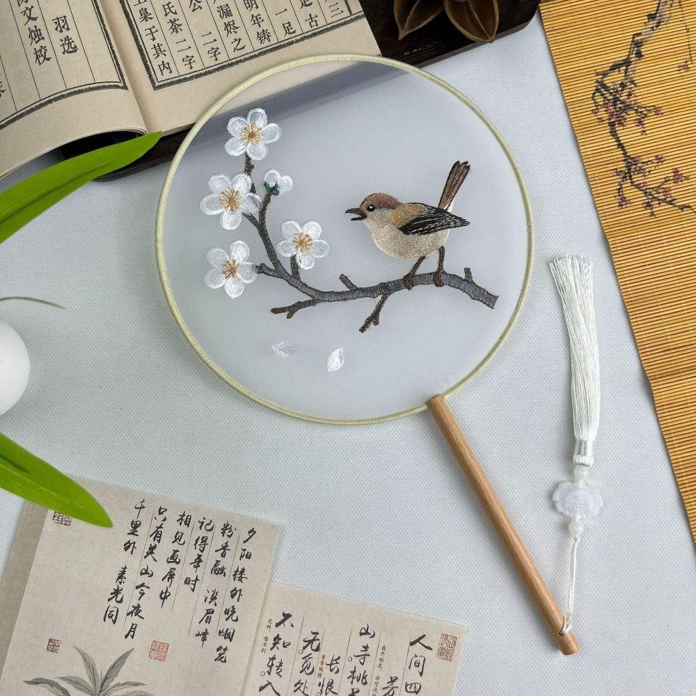 Chinese Style Double Sided Embroidery Fan Long Handle Vintage Hand Fan Dance Fan Party