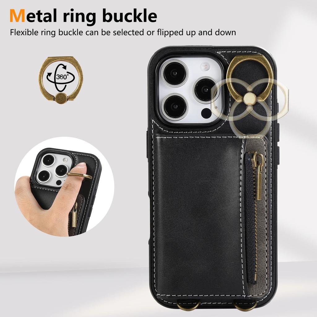 Luxury Leather Card Bag Slot Phone Case for IPhone 16 15 14 16E 13 12 17 Pro Max Plus Cases Stand Sleeve Cover with Wrist Band