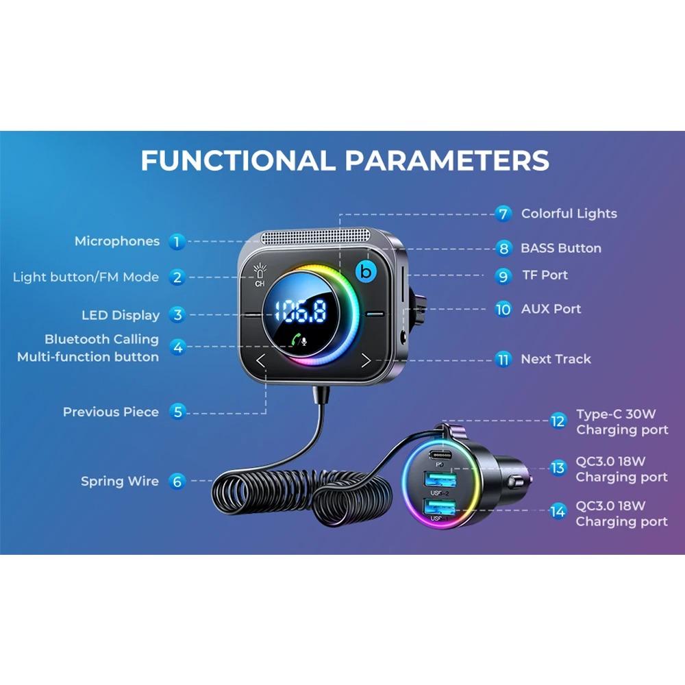 Bluetooth 5.3 FM/AUX Bluetooth Car Charger Adapter Air Vent Installation 3 Ports PD&QC 3.0 FM Bluetooth Car Transmitter