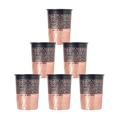 New Copper Printed Design 250ML Water Glass with Rust Proof Protection for Home and Office Use Ayurveda and Yoga Health Benefits Glass Set of 6