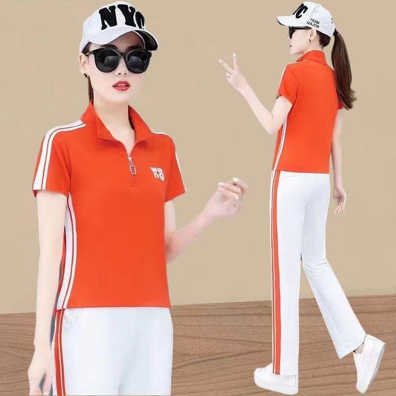 Casual Sports Suit Women's Stand-up Collar Short-sleeved Summer Fashion Age-reducing Straight Pants Two-piece Set