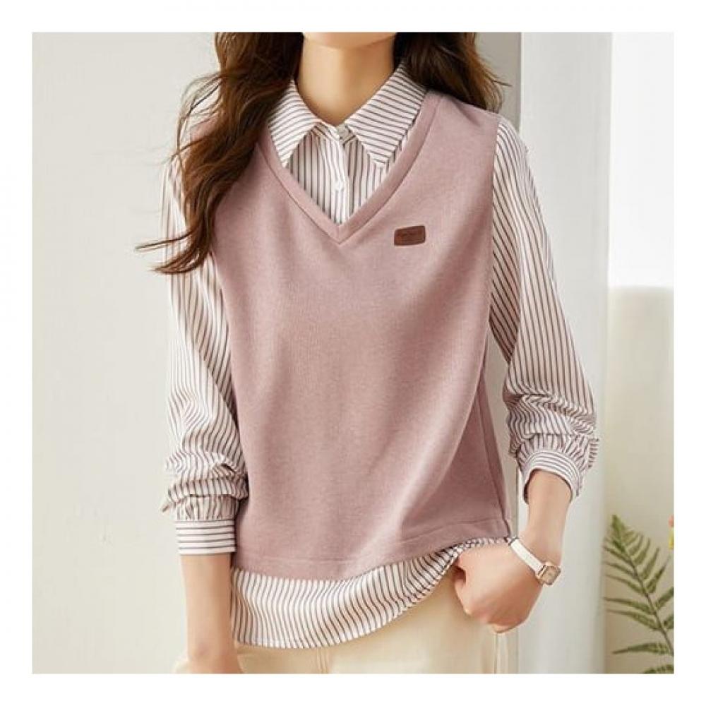 Navava Men Casual Stripe Two In One Long Sleeve Collar Shirt Nb1933