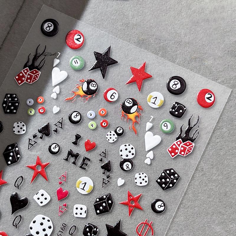 3D Embossed Cherry Nail Art Stickers Self Adhesive Pool Dice Design Manicure DIY Accessories Nail Art Decals for Creative Nail