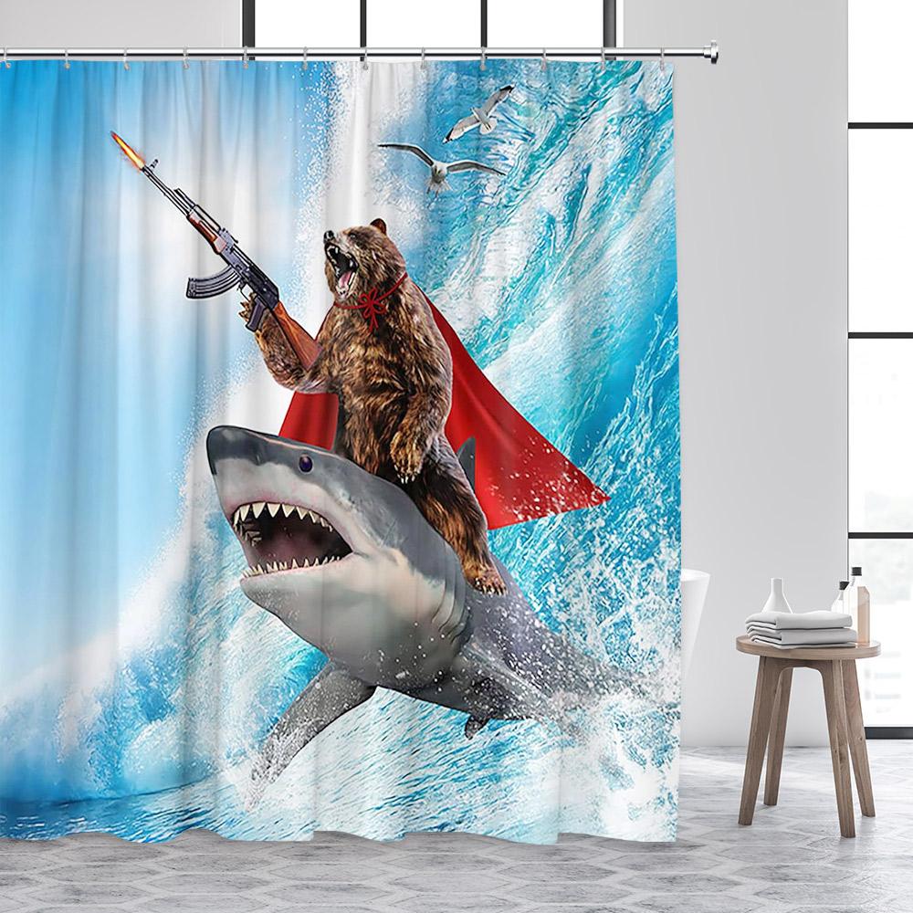Funny Animals Shower Curtain Cute Diving Dog Cat Riding Shark Brown Bear Ocean Landscape Children Bathroom Curtains Fabric Decor