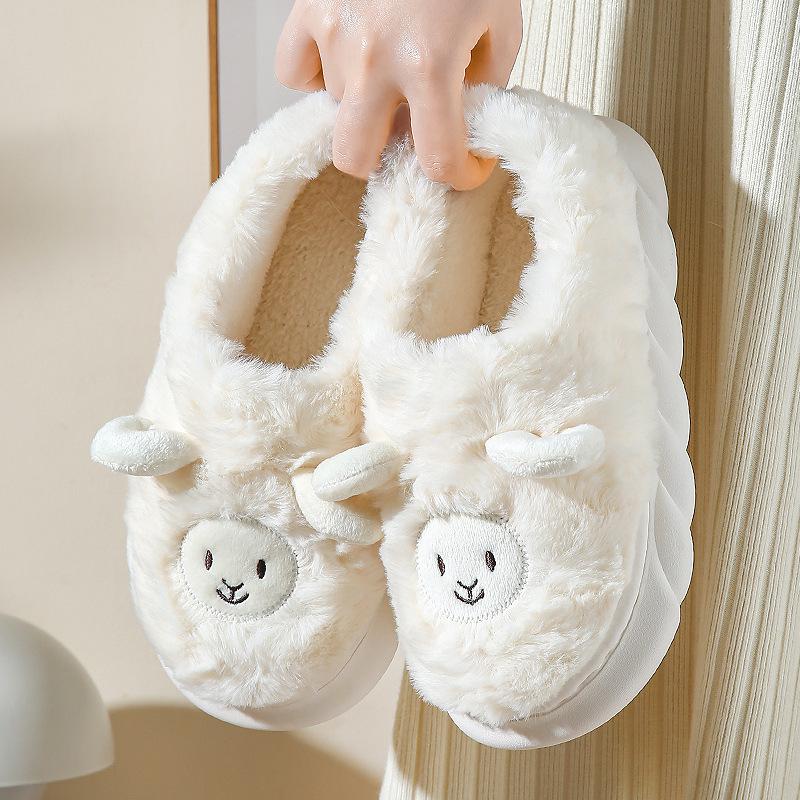 Plush Cartoon Lamb Heart Slippers for Couples - Cozy Indoor Winter Footwear for Women & Men