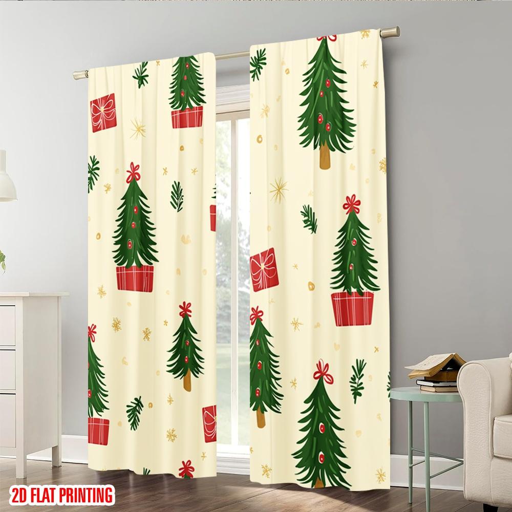 Set Of 2 Plane Printing Curtain Popular Christmas Tree Gift Star Durable Polyester Fabric Without Rod Decorations Outdoor
