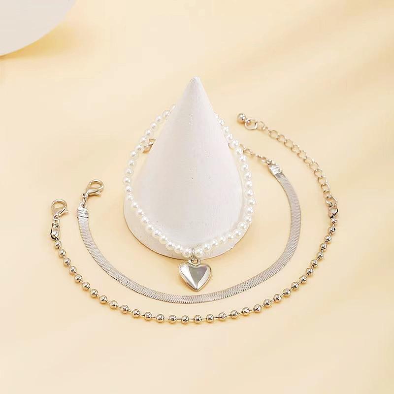 Retro fashion women's pearl love jewelry, simple set snake bone chain bead chain niche bracelet