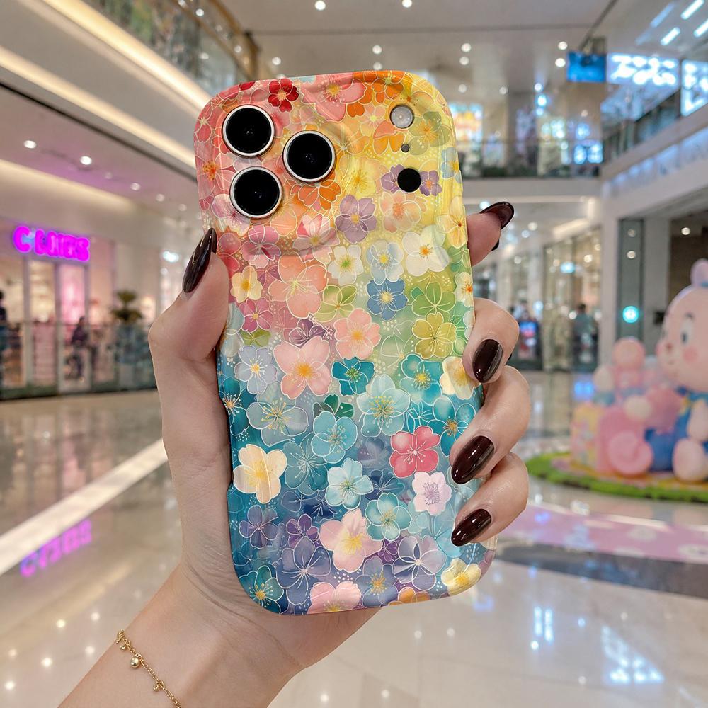 Rainbow Gradient Full Floral Wavy Edge Phone Case For iPhone 17 16 15 14 13 12 11 Pro Max Mini XR XS SE Air Cover