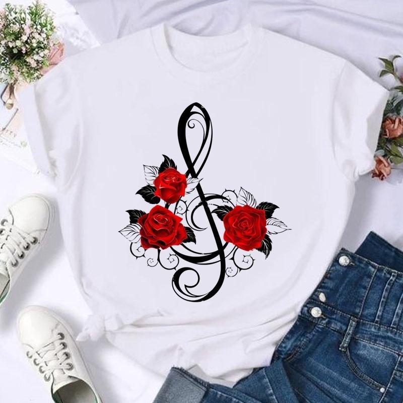 Detailed Feather  Music Note Rose Print Womens TShirt Casual Short Sleeve Top For Art  Music Enthusiasts S