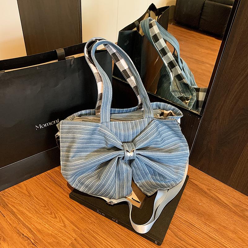 Korean Version of Canvas Bag Literary Niche Underarm Bag Women's 2025 New Large-capacity Bow Denim Tote Bag