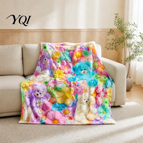 Soft Texture Blanket for Couch Teddy Bear Floral Print Blanket, Super Plush Throw Cute Bunny Personalized Space Decoration Puppy Pattern, Cozy Flannel