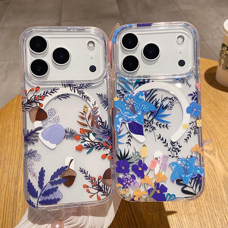 for IPhone 17 Air 16 15 14 13 12 Pro Max Clear Hard Acrylic Cover Luxury Glitter Flower for Magsafe Wireless Charge Magnet Case
