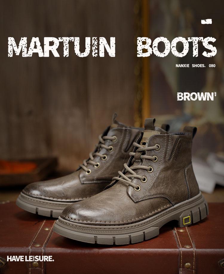 Martin Men's 2024 Thick-Sole Mid-Cut Genuine Leather Boots - British Retro Style for Autumn and Winter