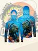 Balaclava com Capuz Masculina para Pesca ao Ar Livre Camisa de Manga Longa de Secagem Rápida Estampa de Garoupa de Profundidade Recife de Corais Roupa Respirável para Pesca