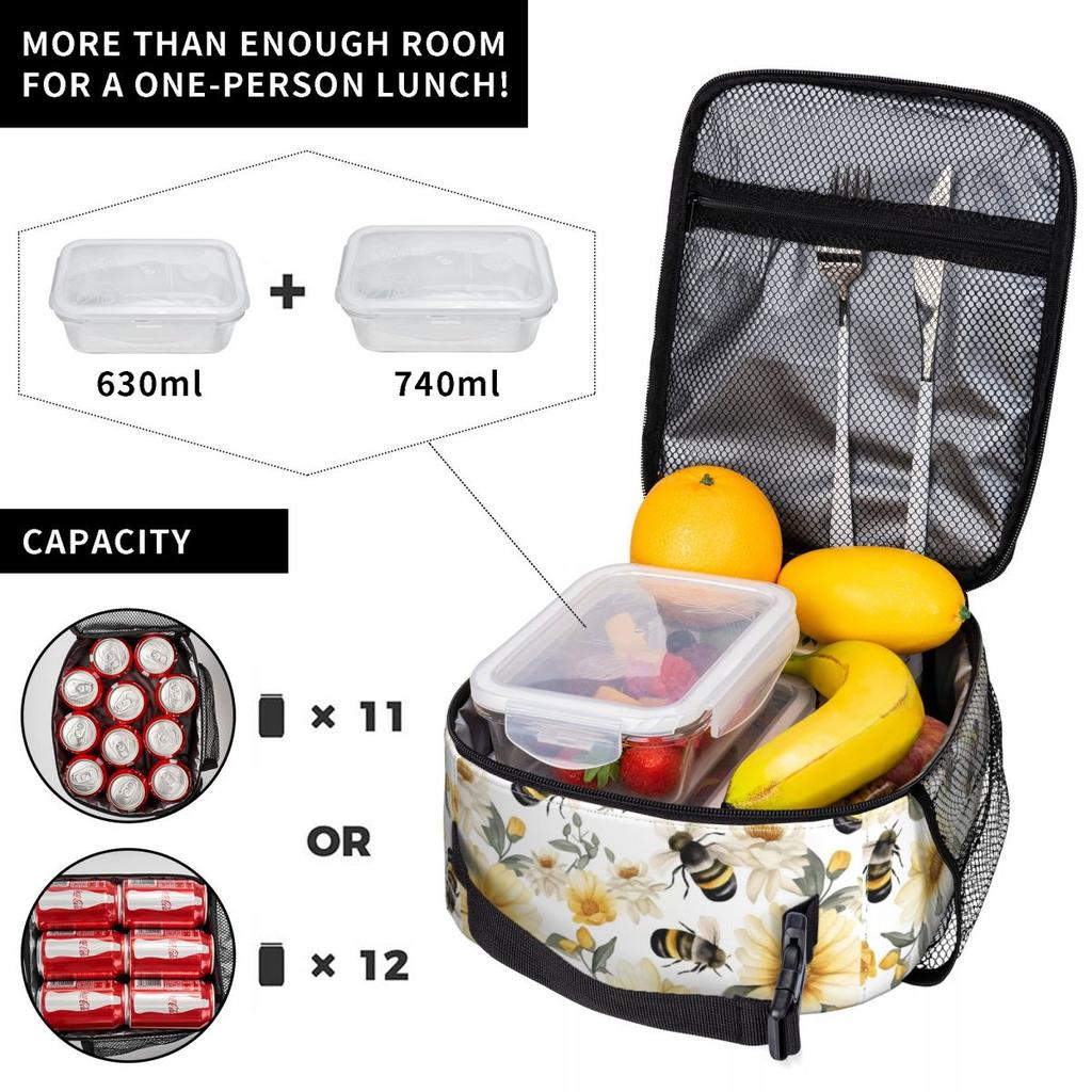 Flowers And Bee Pattern Insulated Lunch Bag for Women Kids Portable Food Boxes Thermal Lunch Box Tote