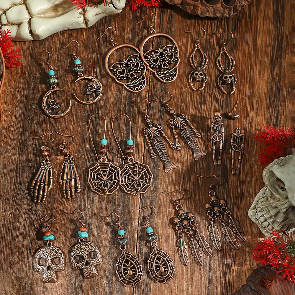 

10 пар Хэллоуин Готические Серьги-подвески Череп Скелет Паутина Наряд Костюм Праздничные Циркон Подарки