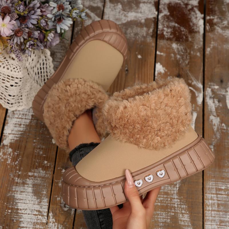 Stivali da Neve Donna Caldi in Peluche Corto Fondo Spesso 2025 Stivaletti Pelosi Invernali con Piattaforma Decorazione Metallica Scarpe Pelose