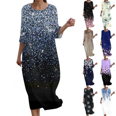 Women's Fashionable Printed Round Neck Seven Quarter Sleeve Loose Dress