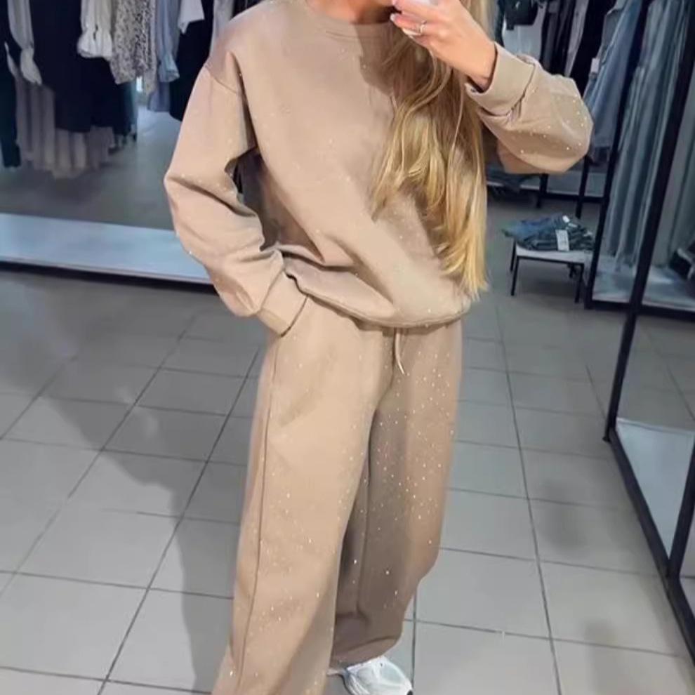 Set casual de toamnă/iarnă pentru femei europene/americane 2025 din două piese: Gât Rotund, Mânecă Lungă, Aplicat la Cald, Manșete cu Șnur la Glezne.