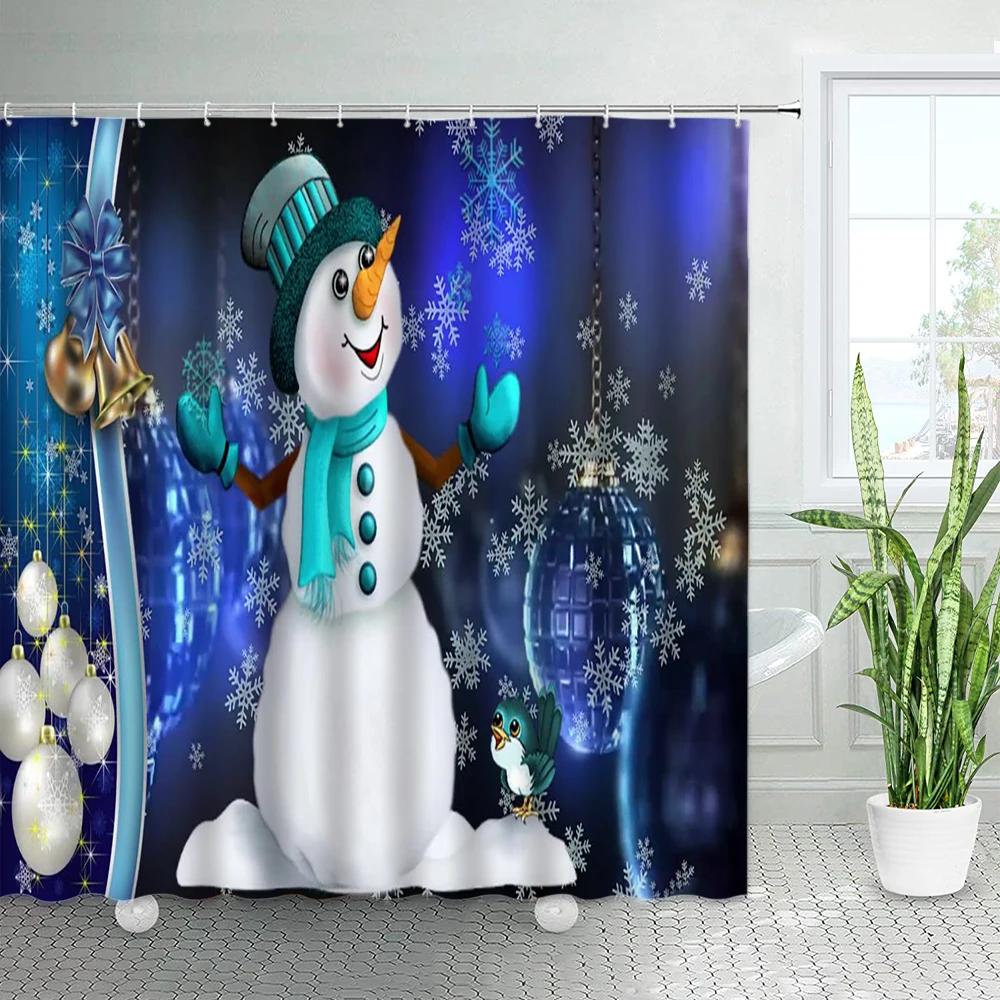 Funny Cartoon Santa Claus Snowman Christmas Shower Curtains Set Winter White Cedar Snowflake Holiday Decor Xmas Bathroom Curtain