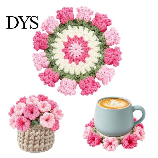 Desktop Plant Pot Stand Crochet Flower Bouquet Coaster, Handmade Knit Rose Mug Mat Transforms Into Bouquet, 2-in-1 Cozy Coffee Bar Decor Drink Coaster