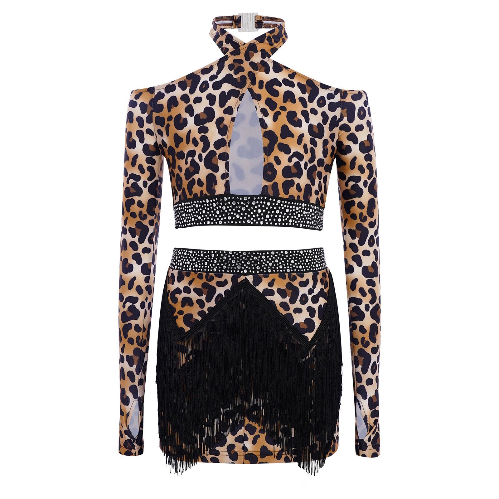 

Leopard Crop Top Halter Long Sleeves Thumbholes Rhinestone Waistband Tassels Skirt Latin Dance Outfit 15-16 Years коричневий