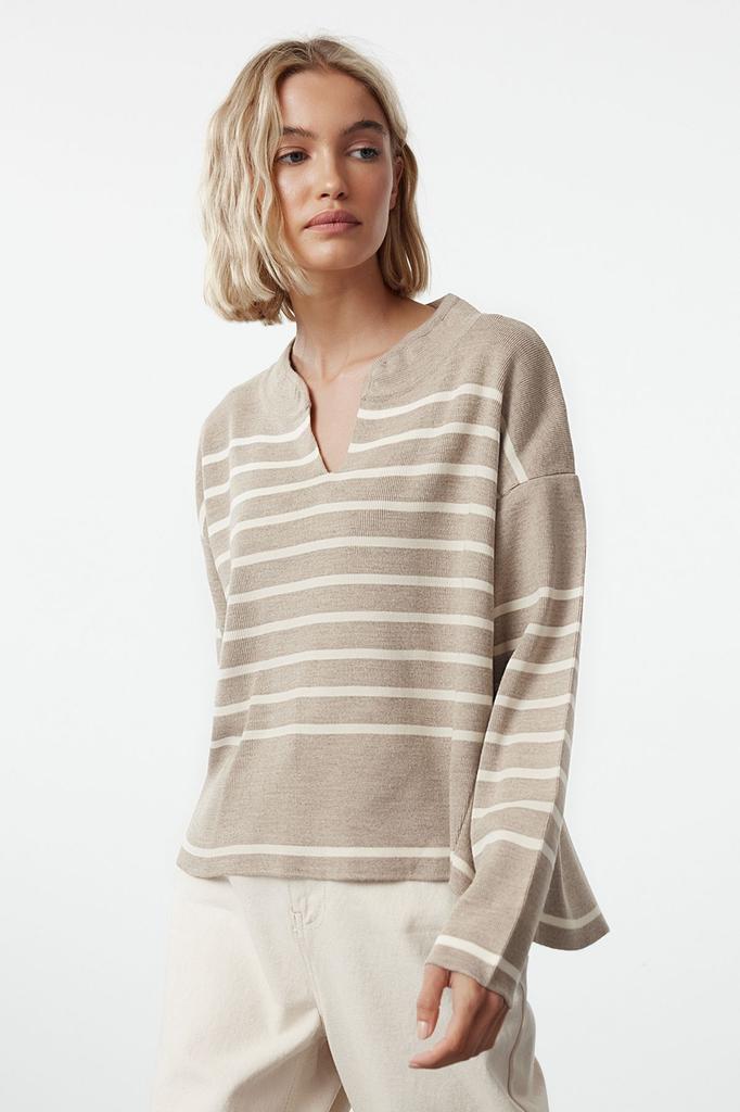 Women's Fashionable Stylish Sweater Navy Blue Wide Fit Collar Detailed Striped Knitwear Sweater