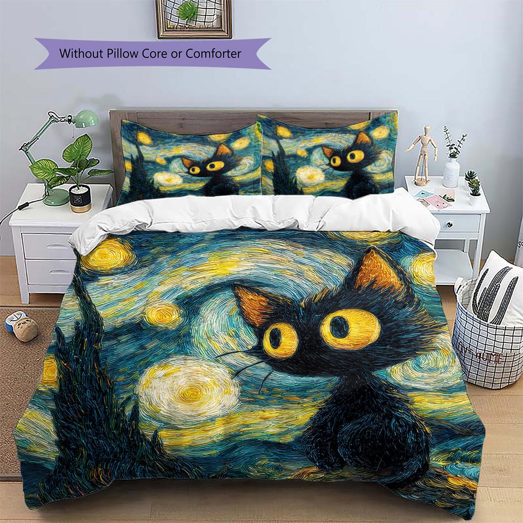 Starry Sky Black Cat  Pattern Bedding Quilt Set Quilt Cover Pillowcase Home Decoration  Gift (1 * Duvet Cover + 2 * Pillowcase, Without Core)