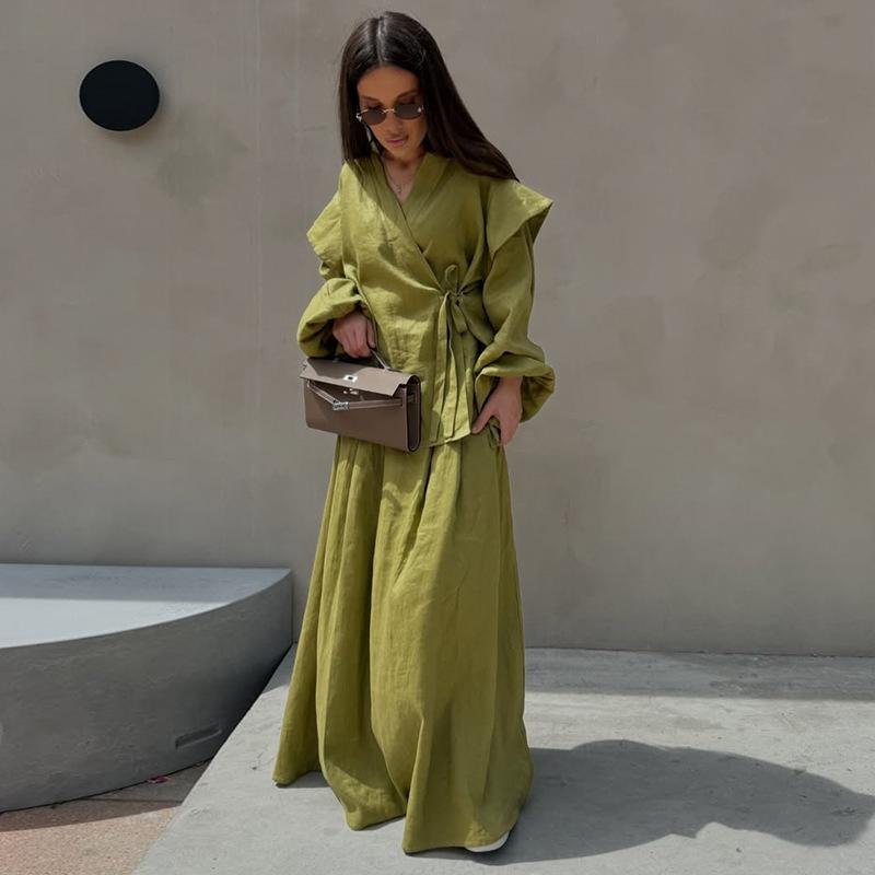 

Свободный женский костюм-двойка с отложным воротником, рубашка с длинным рукавом на шнуровке, А-силуэт, длинные юбки, летняя женская повседневная одежда для отпуска 2025 S зелёный