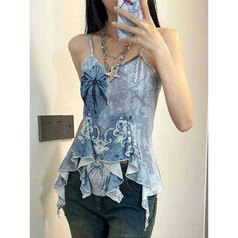 Y2K Emo Vrouwen Koreaanse Acubi Grunge Mouwloos Blauwe T-shirts Harajuku 2000s Japanse E Meisjes Tee Tanktops Gyaru 2000s Alt Kleding