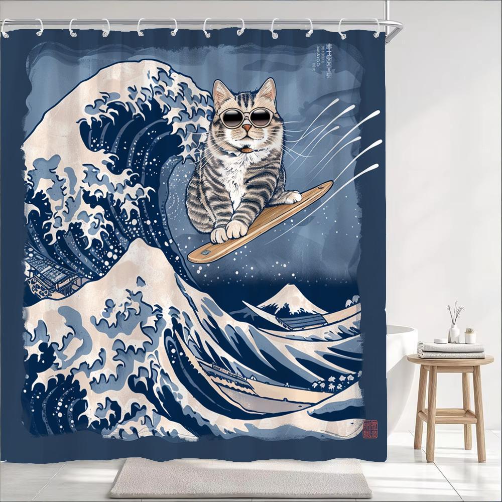 Funny And Creative Surfing Cat Shower Curtain, Bathroom Decorative Curtain, Printed Polyester Fabric Home Curtain With Hooks