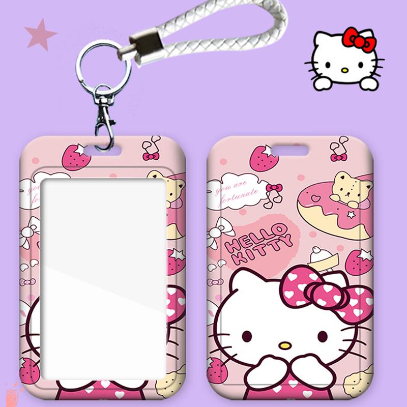 Kawaii Hello Kitty Photo Card Holder Sanrio Kt Cat Telescopic Easy-Pull Buckle Card Sleeves Pendant Meal Card Bus Card Cover