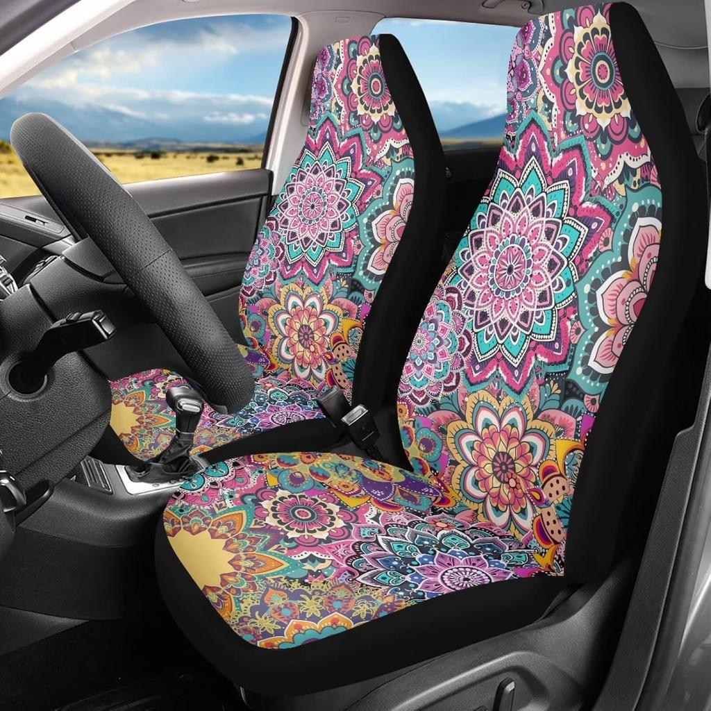 Bulopur Black Boho Floral Car Seat Covers Front Seats Only for Women Men Seat Covers w/Organizer Pocket for Cars SUV Truck Sedan