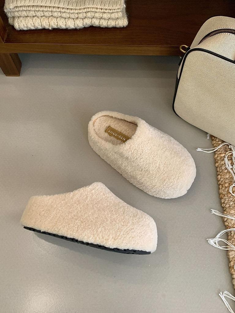 Thick-soled plush shoes slippers women's shoes wear 2025 new autumn and winter plush half-toboken shoes