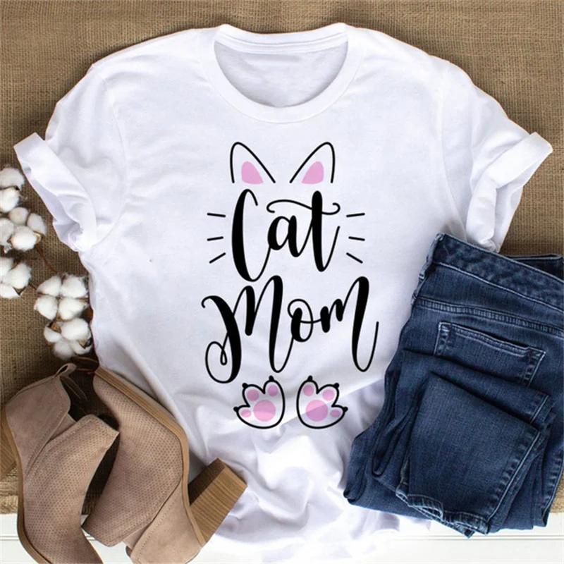 Maycaur Cute Paw Women T Shirt Fashion Cat MOM Printed Woman Tops Harajuku Punk O-neck Top Tee Black Shirt T Female T-shirt