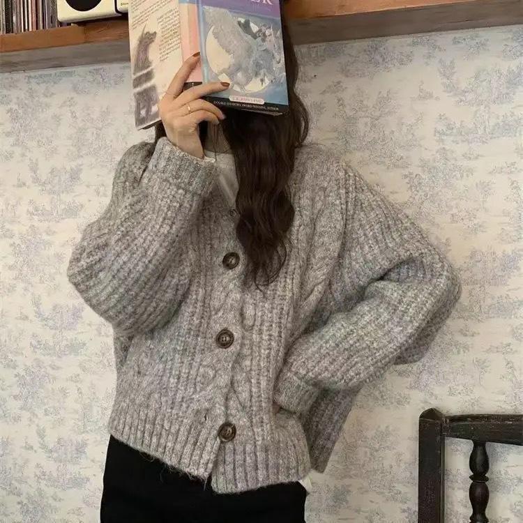 

Свободный японский корейский стиль осень зима короткое пальто-свитер женское вязаное косичками стиль преппи с длинным рукавом вязаный кардиган топ One Size серый