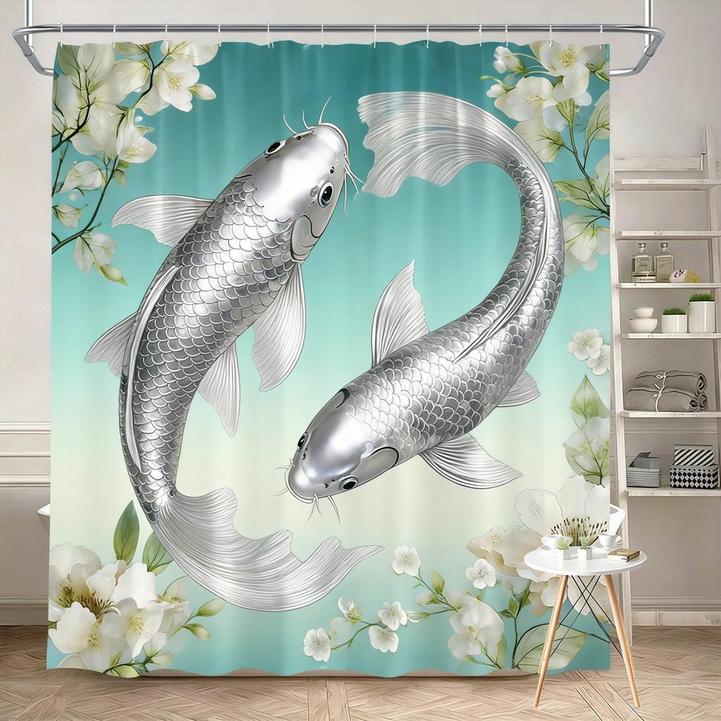 Luxury Golden Koi Fish with Cherry Blossoms Waterproof Shower Curtain for Feng Shui Bathroom Decor