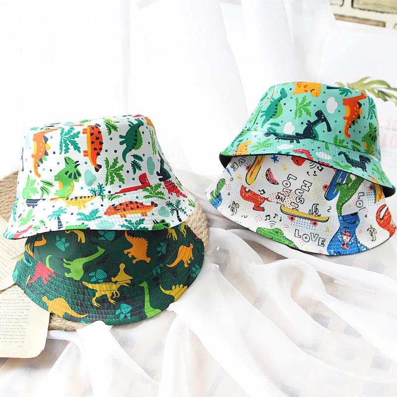 New Spring Summer Children's Cartoon Dinosaur Fisherman Cap Girls Cotton Uv Protection Panama Printing Hats Boys Sun Beach Hat