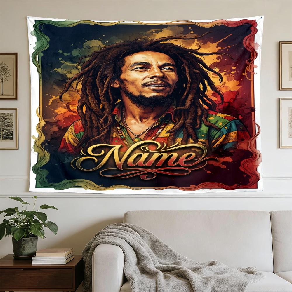 Bob Marley Rasta Reggae Art Personalized Name Clear Pattern Tapestry, Wall Decor for Apartment, Studio and Photoshoot Backdrop