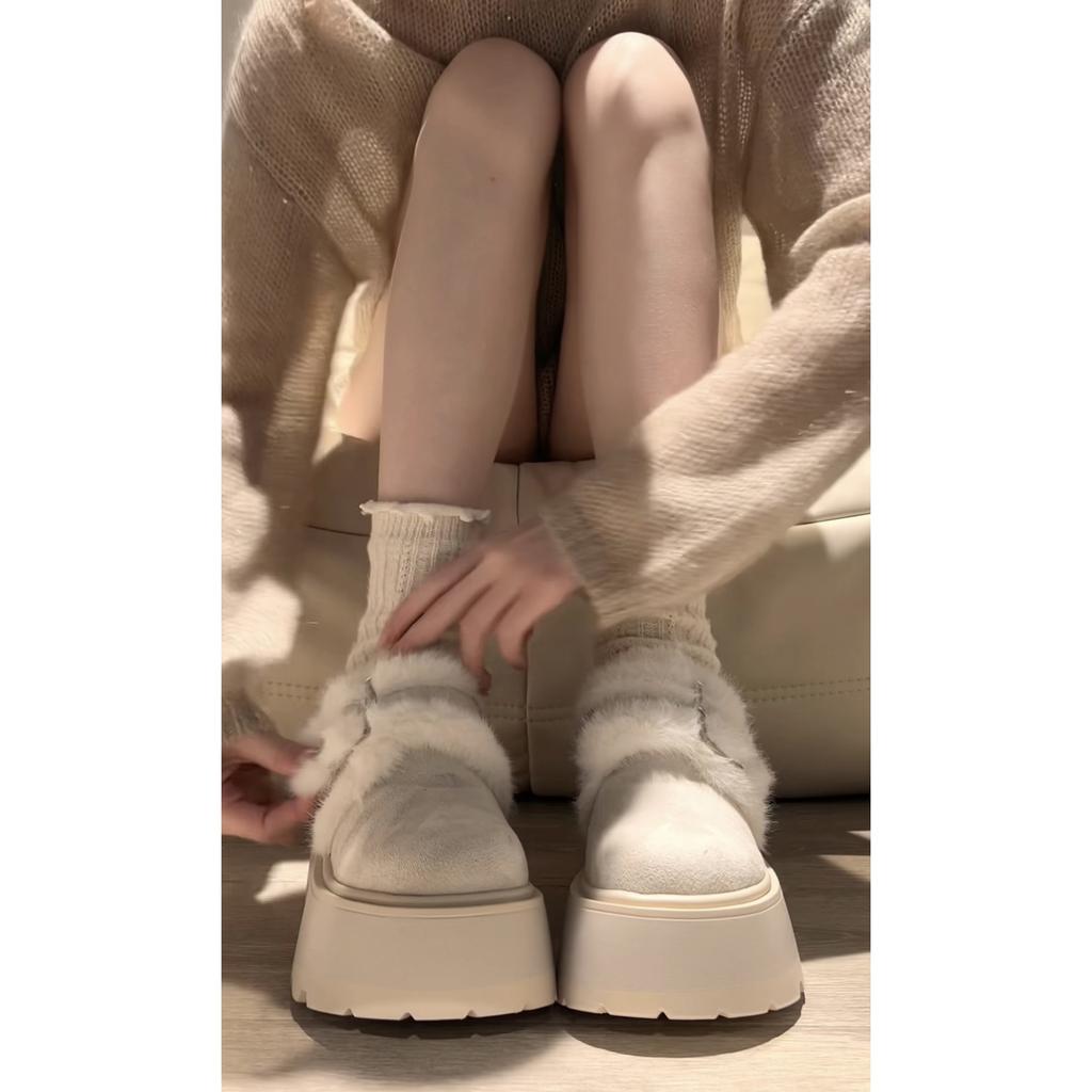 Fleece thickened retro non-slip thick-soled snow cotton shoes for women's winter wear heightening soft-soled Birkenstocks