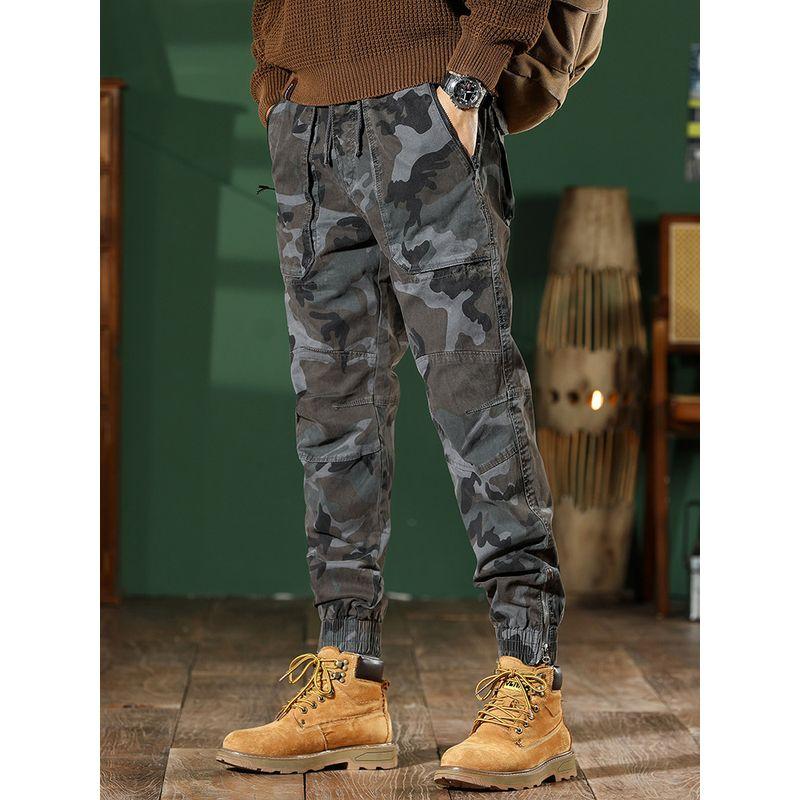 Men's Slim-Fit Camouflage Cargo Pants with Drawstring, Harem Style, Spring and Autumn Trendy Outdoor American Casual Long Pants