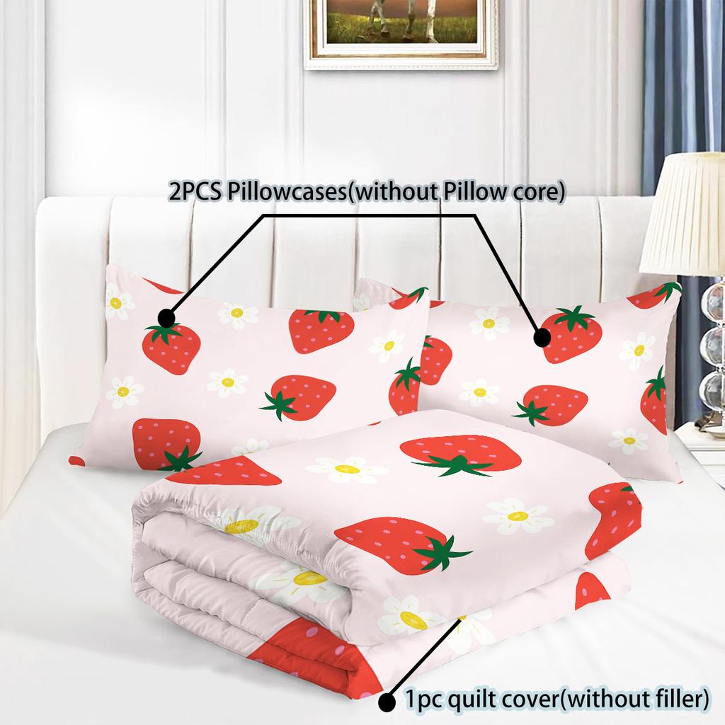 3pc Strawberry Print Bedding with Coreless Set Bedroom Living Room Multiple Sizes, Machine Washable, Soft and Comfortable